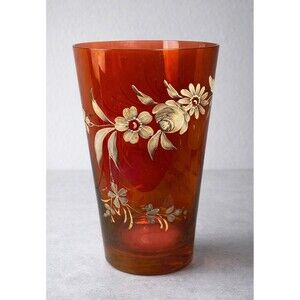 VTG Czech Bohemia Cranberry Glass Vase Hand Painted 24K Gold Accents 10" H